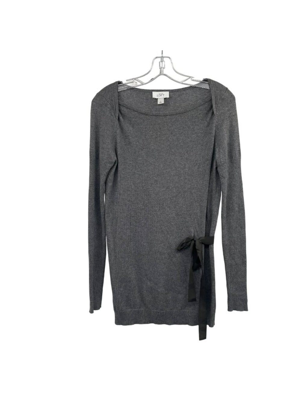 LOFT Womens Tunic Sweater Boat Neck Long Sleeve Bow Gray/Black Size Small
